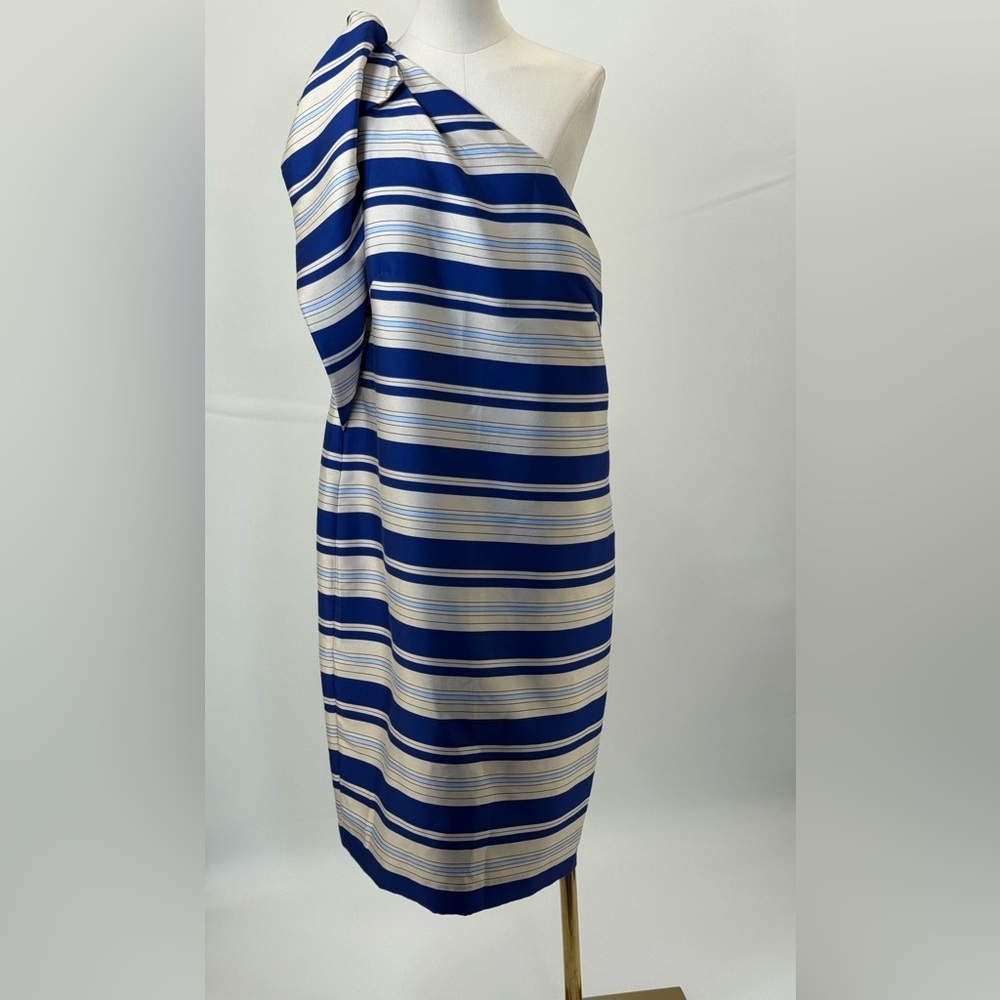 Banana Republic One Shoulder Striped Blue/Ivory With Bow Knee Length Dress SZ 16 - Picture 5 of 16